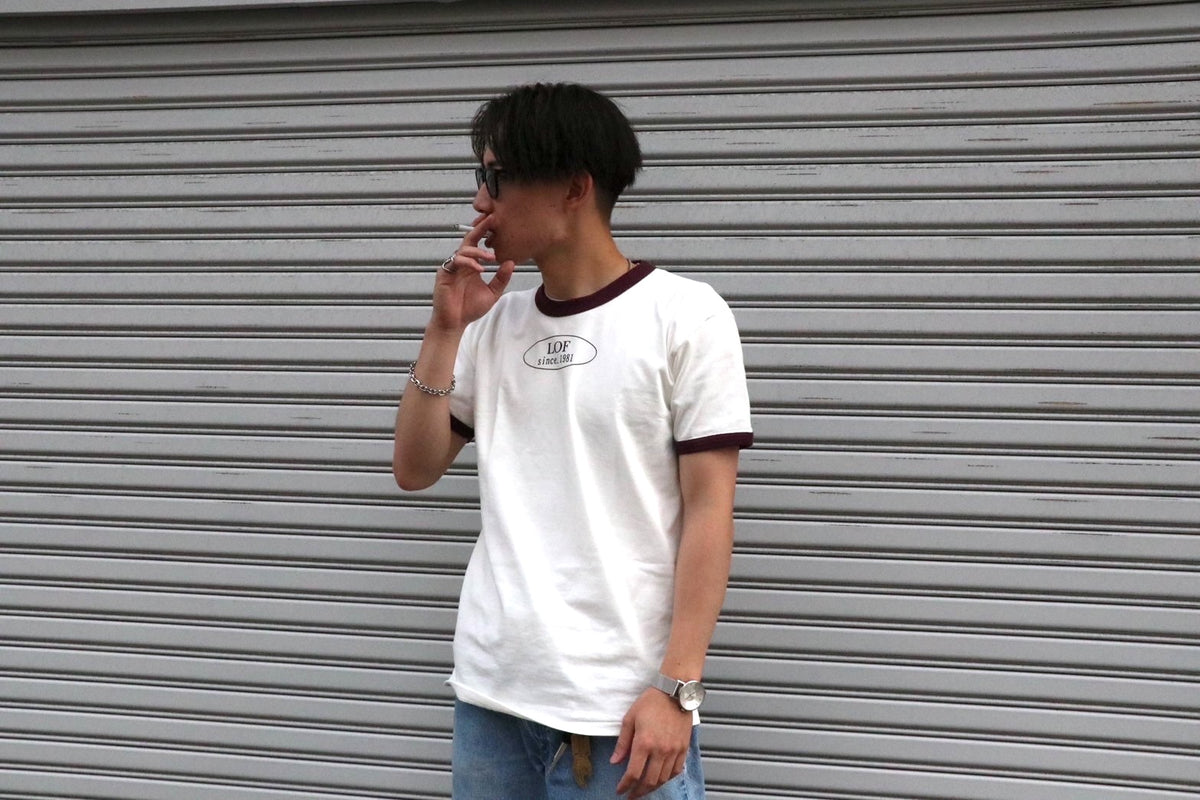 RINGER T-SHIRT natural×burgundy